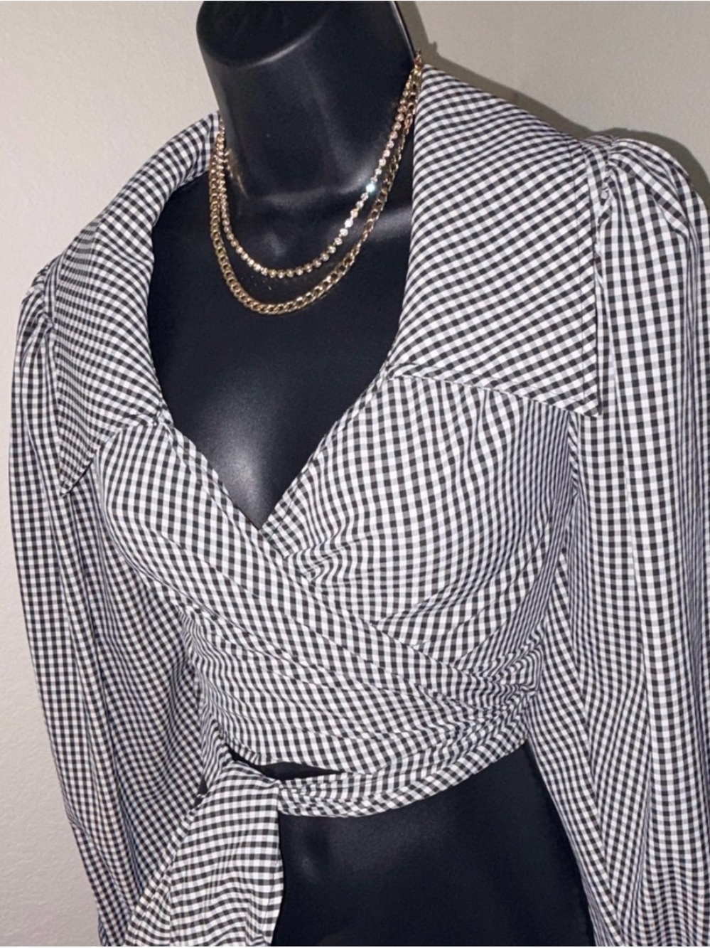 SHEIN Black & White Gingham Wrap Blouse with Tie Waist